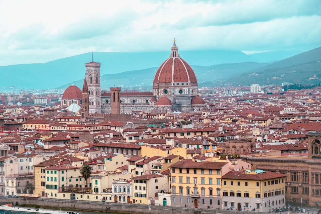 Stunning aerial view of Florence with Il Duomo dominating the skyline in Tuscany, Italy.